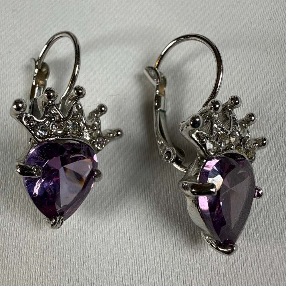 Amethyst Silver Tone Earrings February Birthstone Princess Crown Y2K